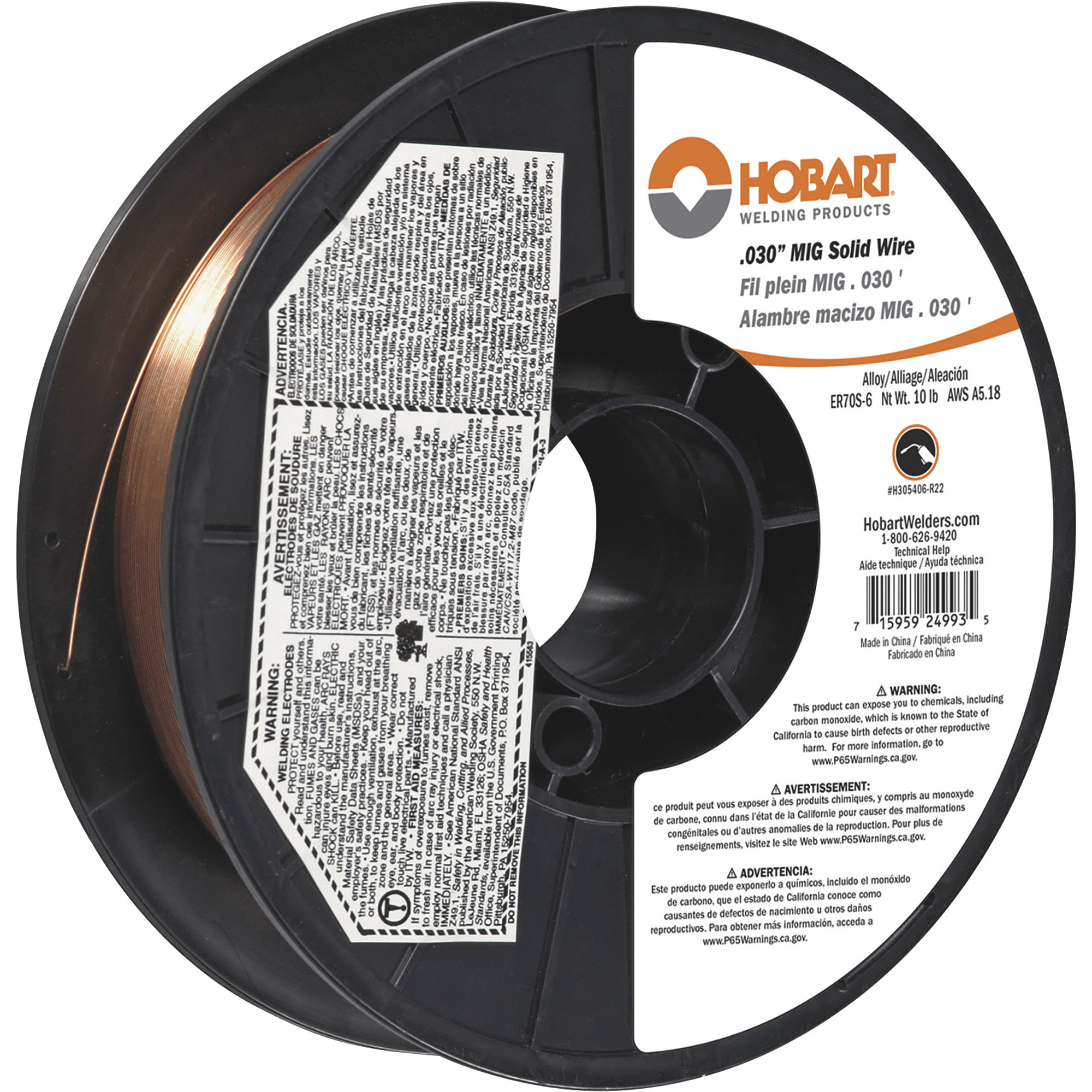 Hobart MIG Welding Wire, ER70S-6 Carbon Steel, .030in., 10-Lb. Spool, Model# H305406-R22